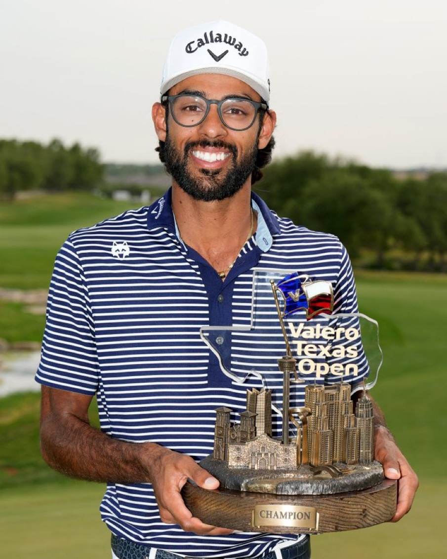 Valero Texas Open champion Akshay Bhatia and trophy made by Malcolm DeMille